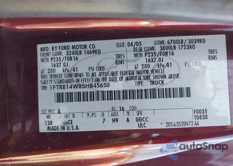 2005 Ford E-150 Commercial/Recreational из США, поврежденный, VIN 1FTRE14W85HB45650